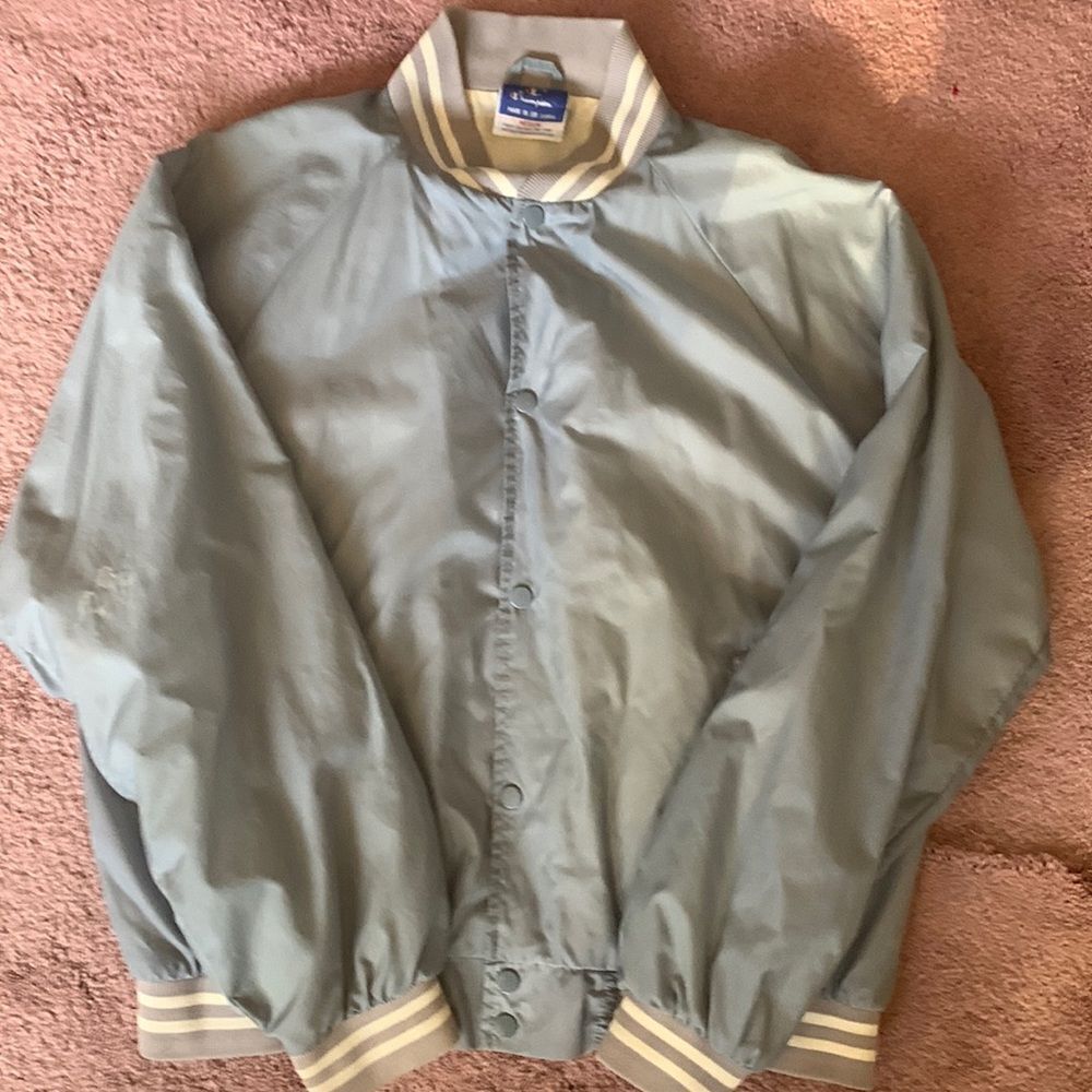 Champion Mens Vintage Bomber Jacket Blue Grey Striped Trim Snap Front Medium